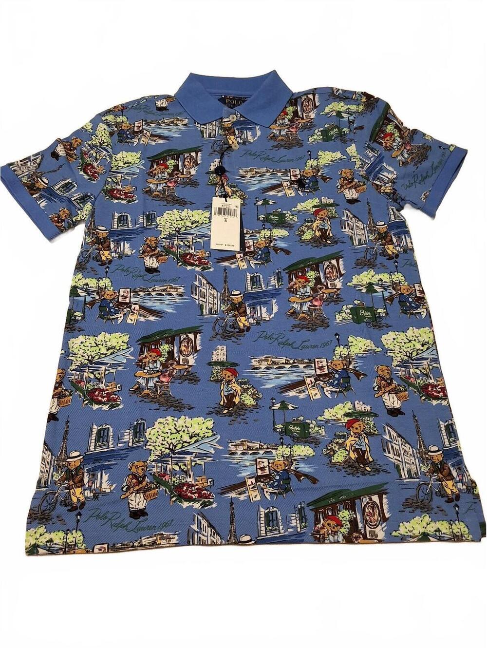 Polo Ralph Lauren Men's Blue Cotton Polo Shirt with Bear Print, Size Small, New